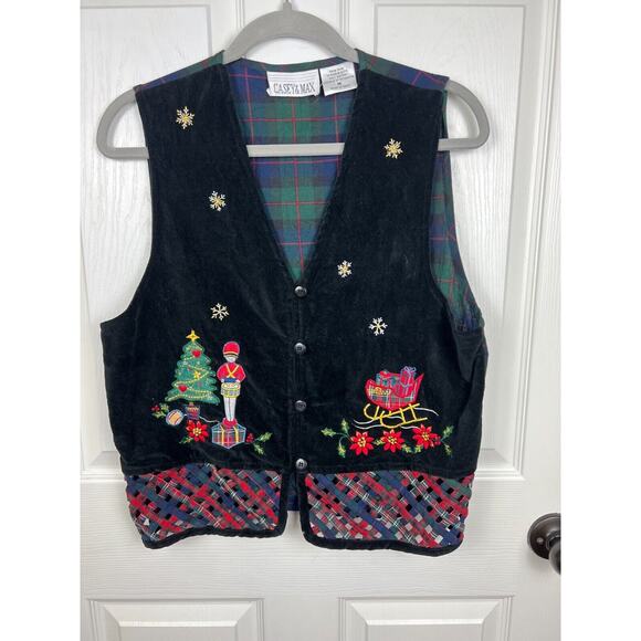 Casey & Max Black Velvet Green Plaid Woven Embroidered Christmas Vest Medium - Picture 5 of 6